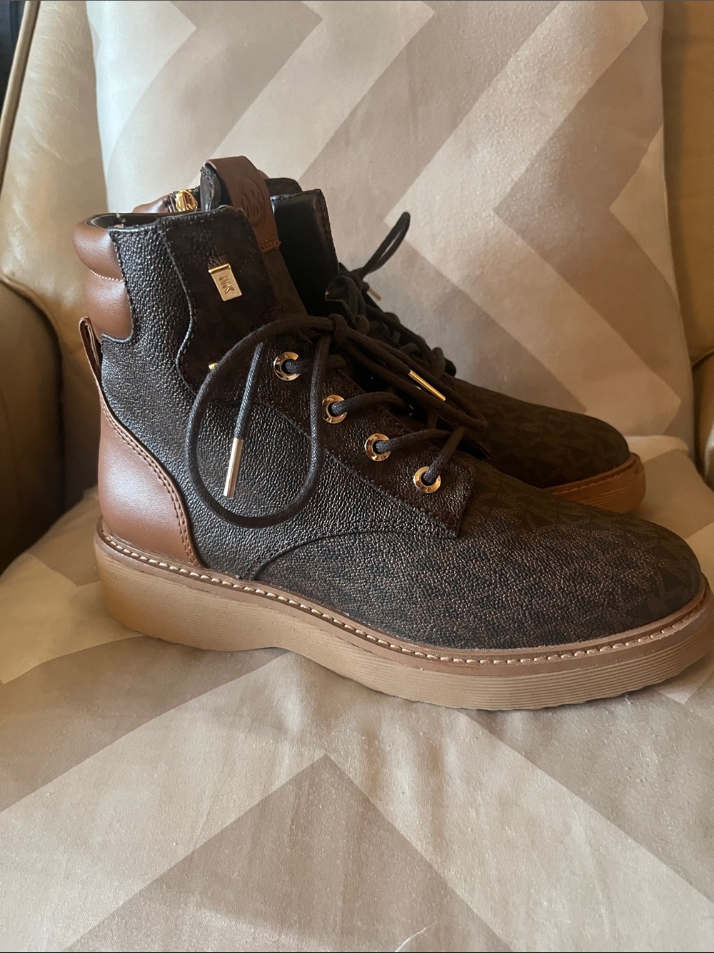 Michael Kors Dark Brown Monogram Chukka Boots with Tan Sole Size 8.5 Women’s